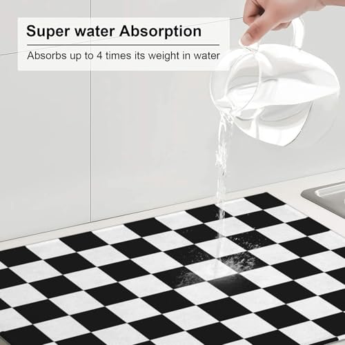 Black White Checkered Dish Drying Mat for Kitchen Counter, Coffee Bar Accessories, Retro Classic Plaid Pattern Absorbent Coffee Mat Kitchen Drying Mat Easy Clean 18" x 24" - color: Black White Race Checkered Flag Calibration Chess Grid