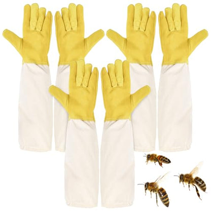 Lawei 3 Pairs Beekeeping Gloves, Goatskin Leather Beekeeper's Glove with Ventilated Canvas Long Sleeves, Thick Protected Bee Glove for the Beginner Beekeeper Hand Protection, Elastic Cuffs Vented