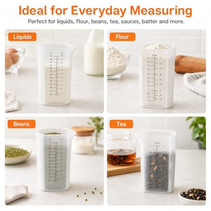 Silicone Measuring Cup Set, 1 Cup & 3 Cup Flexible Liquid Measuring Cups with Spout, BPA Free Silicone + PP Hybrid Design, Clear Cup & ml Markings for Cooking, Baking and Kitchen Use