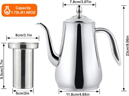 SANQIAHOME Stainless Steel Teapot with Infuser Silver 58Oz - size: 1.75 L
