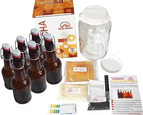 Deluxe Kombucha Starter Kit with Kombucha SCOBY & Starter Tea, Full Kombucha Kit with Bottles Swing Top Glass Bottles Kombucha Brewing Kit + 6 Bottles to Flavor Kombucha (Amber Bottles) - color: Amber