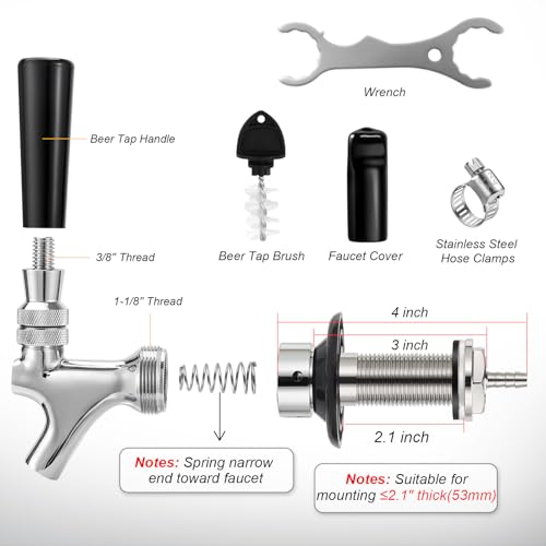 FERRODAY New 3-1/8 inch Shank, Stainless Steel Core Draft Beer Faucet, Chrome Plated Beer Tap, No-Rust No-Leak Beer Tap Faucet, 1/4 Barb Keg Tap Faucet Kegerator Faucet Parts for Homebrew - size: 3-1/8 inch Shank