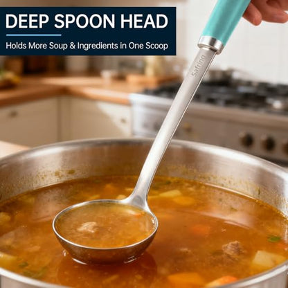 Safring Stainless Steel Soup Ladle and Spaghetti Spoon Set, Heat Resistant Rubber Handle, Dishwasher Safe, Kitchen Utensils for Cooking, Stirring, Serving Pasta, Soup & Sauce (Aqua Sky) - color: Aqua Sky