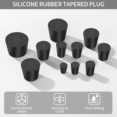 Aleric 26 Pack Solid Rubber Stoppers - 11 Assorted Sizes Stopper Plugs, 000# - 8# Sizes Rubber Plugs for Flask, Lab Plug Holes, Test Tube