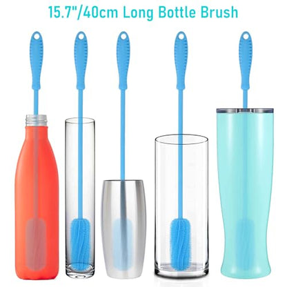 15.7" Silicone Bottle Brush, ddLUCK Water Bottle Cleaner Brush for Stanley, Hydroflasks, Glass, Thermos Sports Bottle, Vase and Glassware, Bottle Brush Cleaner for Small Narrow Neck Containers (Blue) - color: Long Blue