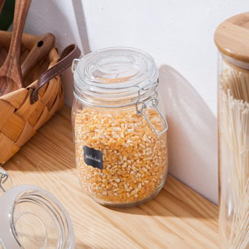 Flrolove 32oz Set of 4 Glass Kitchen Storage Canister Mason Jars with Lids | Airtight Glass Canister with Hinged Lid, Perfect for Kitchen Canning Cereal, Pasta, Sugar, Coffee Beans, Label & Chalk Marker - size: 32oz*4-round