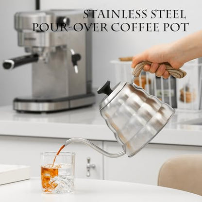 304 Stainless Steel Pouring Over Coffee Kettles with Thermometers and Wood Handle for Temperature Control Rustless Swanneck Coffeepot