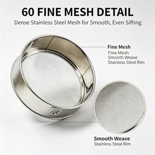 2 Pack Round Flour Sifter, 5.9 Inch & 7.87 Inch Size sieve fine mesh stainless steel, Practical sifter for baking Cake Bread Making