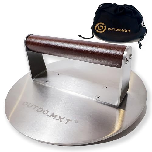 Stainless Steel 8.5" Smash Burger Press, Heavy Duty 2.5lb Burger Smasher with Wooden Handle and Velvet Fabric Storage Bag for Griddle,Grill Press for Hamburger, Bacon,Barbecue Grilling Tool - size: Stainless Steel 8.5-Inch Round