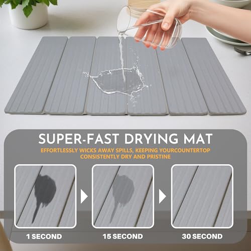 Large Stone Dish Drying Mat for Kitchen Counter, 23" × 15" Quick Dry Stone Mat, Collapsible Fast Absorbing Diatomaceous Earth Non-Slip Dish Drying Pad for Dishes & Cups (Medium Gray, 23" × 15") - color: Medium Gray