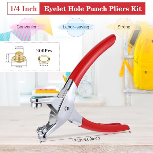 Honoson 1/4 Inch Grommet Tool Kit Eyelet Plier Set Hole Punch Grommet Hand Press Pliers with 200 Pieces of Eyelets for Clothes Shoes Bags(Red, Gold) - color: Red, Gold, size: 3/16 Inch