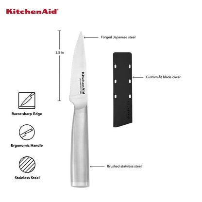 KitchenAid Gourmet Forged Stainless Steel Paring Knife with Custom-Fit Blade Cover, 3.5-inch, Sharp Kitchen Knife, Japanese Stainless Steel Blade, Brushed Handle - style: 3.5-Inch Paring Knife