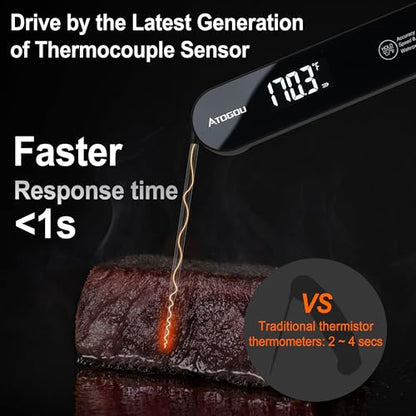 Atogou The Latest Thermocouple Food Thermometer. Faster: <1 Second Response time. More Accurate: ±0.5°F (0.3°C), IPX7 Waterproof, for Meat/Candy/Grill/BBQ etc. Fathers Day Gift, TH-22 Black