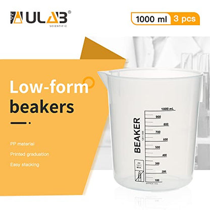 ULAB Scientific Stackable Graduated Plastic Beakers, 3pcs of 1000ml(33.8oz), with Easy-to-Read Printings in Black, UBP1014 - style: 3pcs of Vol.1000ml with black printings