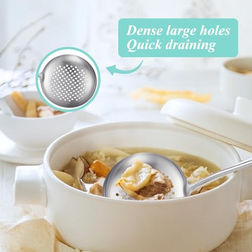 Soup Ladle and Slotted Spoon Set of 2, Metal 316 Stainless Steel Kitchen Ladles Food Strainer, Large Cooking Ladel and Fryer Scoop Kitchen Utensil Set for Stirring Serving Draining Frying - style: 2PCS