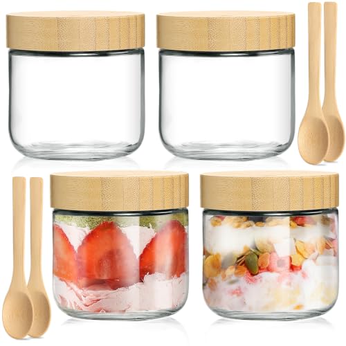 TBWIND 4 Pack 10oz Glass Jars with Bamboo Lids, Spoons, Airtight Overnight Oats Containers, Wide Mouth Mason Jars, Food Storage Container for Yogurt Salad Snacks Spice Sugar Meal Prep – Reusable - color: 10oz-Natural Lids-4 Spoon
