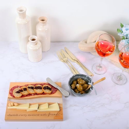 Pavilion Gift Company - Cherish Every Moment With Friends - 9" x 7" Serving Cheese Bread Wooden & Resin Board With Brushed Silver Spreader Knife Set Housewarming Hostess Host Charcuterie Friendship