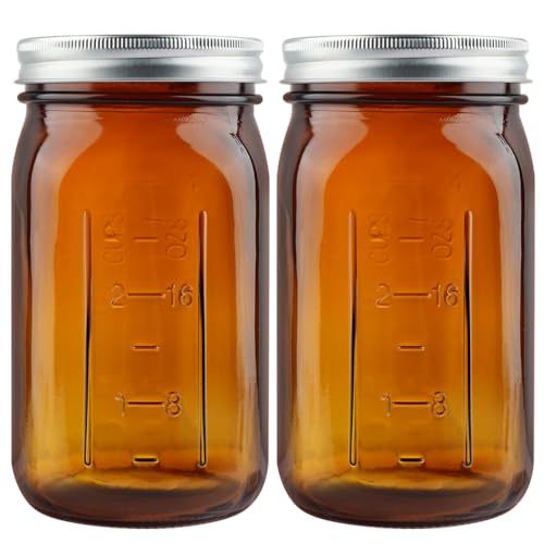 CARBLIN 2 Pack Mason Jars 32 oz, Amber Wide Mouth Canning Jars with Airtight Lids, Glass Pint Jars with Bands Labels Brush, Large Storage Quart Jars for Jam Fermenting Preserving - color: Amber
