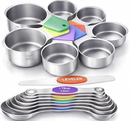 Magnetic Measuring Cups and Spoons Set304 Stainless Steel Dual Scale Set of 15, Strong N52 Magnetic Nesting Design with Leveler, for Dry&Liquid Ingredients, Dishwasher Safe(Colorful) - color: 7PCS Magnetic Measuring Cups & 8PCS Spoons Set Colorful