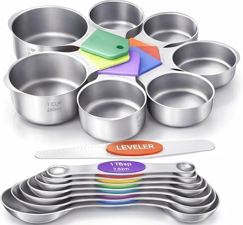 Magnetic Measuring Cups and Spoons Set304 Stainless Steel Dual Scale Set of 15, Strong N52 Magnetic Nesting Design with Leveler, for Dry&Liquid Ingredients, Dishwasher Safe(Colorful) - color: 7PCS Magnetic Measuring Cups & 8PCS Spoons Set Colorful
