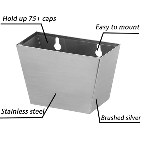 Brushed Silver Bottle Cap Catcher Wall Mounted Stainless Steel 5" | Rustproof, Cola Soda Top Holder Box, Mounting Hardware Included, Screw in Wall for Kitchen Post Table - color: Brushed Silver