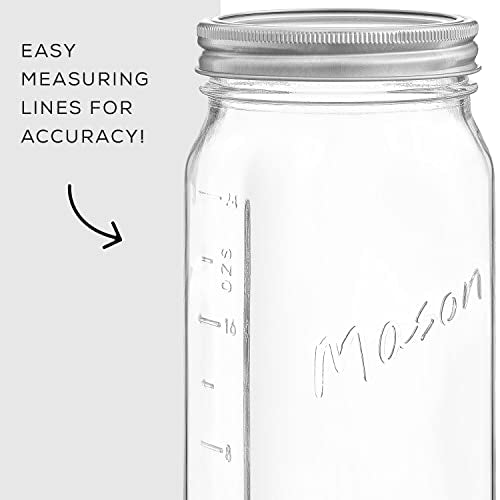 32 Oz Mason Jars With Lids, Labels and Measures! 6-Pack Wide Mouth Mason Jars, Glass Jar with Lid and Band. Airtight Canning Jars, Overnight Oats Jars, Salad Jars, Sourdough Starter Jar