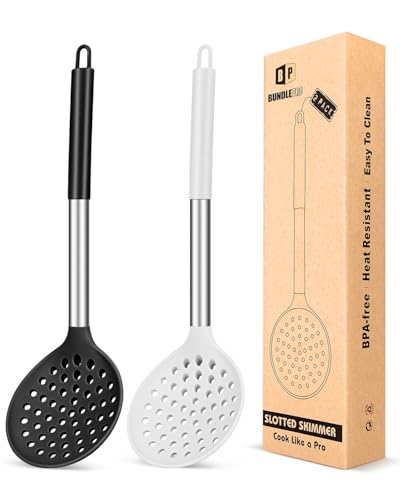 Kitchen Ladle Strainer Set of 2 Large Slotted Spoon with High Heat Resistant BPA Free Non Stick Cooking Skimmers For Draining and Frying (Black-White) - color: Black+White