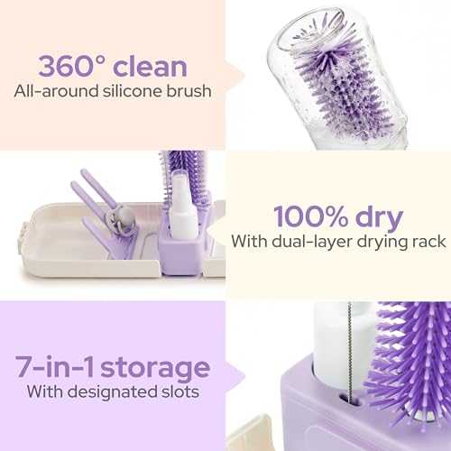 lalalark 7-in-1 Baby Bottle Brush Set, BPA Free Silicone Baby Bottle Cleaning Kit with No Scratch Dual-Headed Brush, Nipple Brushes,Soap Dispenser & Drying Rack,Travel Cleaner with Storage Case,Purple - color: Purple