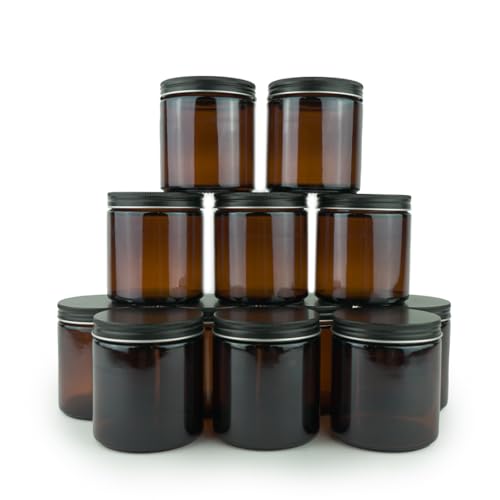 Glass Amber 16oz Jar - 12 Packs, Lead-Free Empty Round Jars For Beauty Products, Lotion, and Powders - Black Lid - Small Candle Jars - size: 16oz