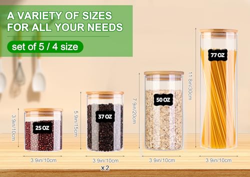 Glass Food Storage Jars, Food Containers with Airtight Bamboo Lids for Pasta, Cookies, Nuts, Coffee Beans, Cereal, Glass Canisters for Kitchen, Pantry Organization,Set of 5 - size: 77oz&37oz*2&50oz&25oz-Set of 5