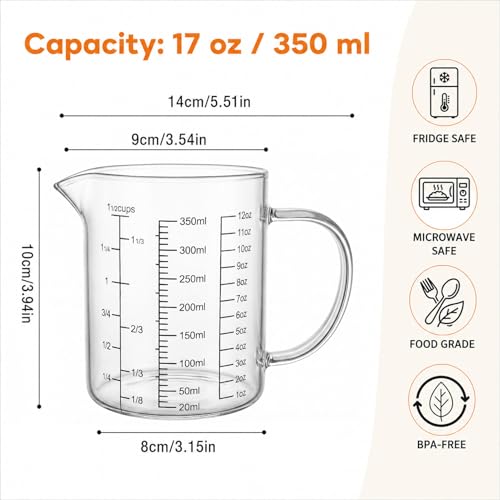 Graduated Glass Measuring Cup With Handle 350ML (12Oz, 1 1/2Cups) | High Borosilicate Liquid Measuring Cup for Baking Cooking Kitchen V-Shaped Spout Glass Measuring Beaker Easy To Read - size: 350ML (12Oz, 1 1/2Cups)