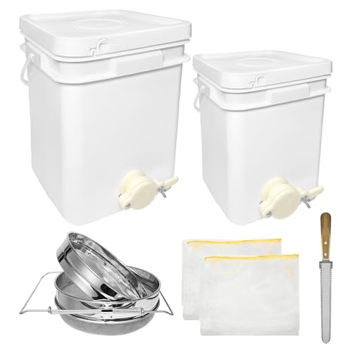 Honey Bucket w/Gate, 5&3 Gal, Stainless Strainer, Honey Extractor Kit&Double Sieve Stainless Strainer w/ 2 Filter Bags & Scraper, Fits Complete Honey Extraction Equipment