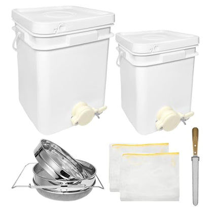 Honey Bucket w/Gate, 5&3 Gal, Stainless Strainer, Honey Extractor Kit&Double Sieve Stainless Strainer w/ 2 Filter Bags & Scraper, Fits Complete Honey Extraction Equipment