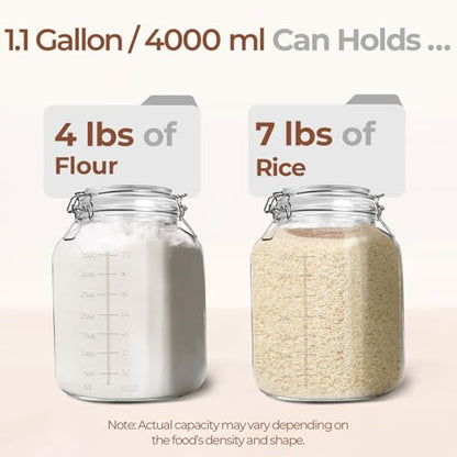 ComSaf Large Square Glass Jars with Airtight Lid 1 Gallon 2 Pack Wide Mouth | Flour sugar rice, Kombucha, Bulk pantry organization, Measurement marks, Pickling fermenting, Snacks, Sourdough pickling - size: 1.1 Gal*2-Wide Mouth