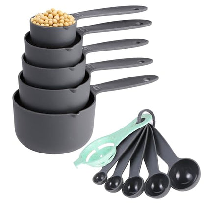 Measuring Cups and Spoons Set of 10 pcs, Nesting Measuring Set with Spout for Dry and Liquid Ingredient (Gray)