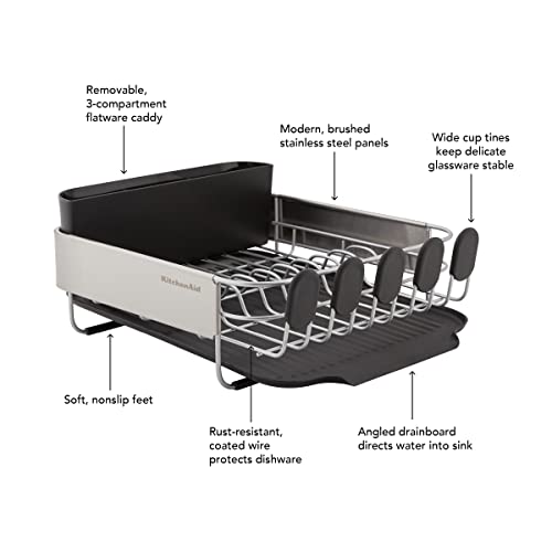 KitchenAid Compact, Space Saving Rust Resistant Dish Rack with Removable Flatware Caddy and Angled Self Draining Drainboard, 16.06-Inch, Black (Pack of 4) - color: Black, size: Compact (Pack of 4)