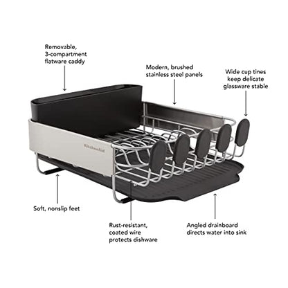 KitchenAid Compact, Space Saving Rust Resistant Dish Rack with Removable Flatware Caddy and Angled Self Draining Drainboard, 16.06-Inch, Black - color: Black, size: Compact