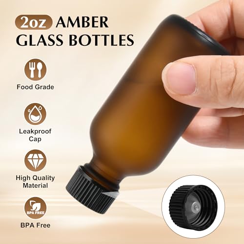 Small Glass Bottles with Lids Boston Round Shot Bottles for Health, Immunity, Ginger Juice, Essential Oils, Potion - Leak Proof Mini Travel Containers (Amber Frosted, 2oz-24Pack) - color: Amber Frosted, size: 2oz-24Pack