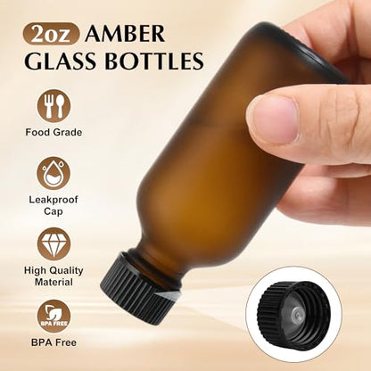 Small Glass Bottles with Lids Boston Round Shot Bottles for Health, Immunity, Ginger Juice, Essential Oils, Potion - Leak Proof Mini Travel Containers (Amber Frosted, 2oz-24Pack) - color: Amber Frosted, size: 2oz-24Pack