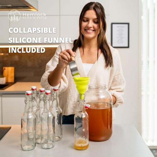 Kombucha Bottles, Swing Top Glass Brewing Bottles Bottles for Kombucha, Beer, Kiefer, Limoncillo, Vanilla - 16 oz. - Grolsch Style Bottle (6 Set) with Funnel