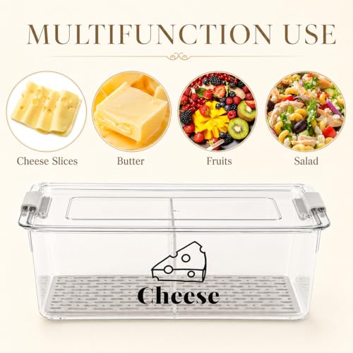 Cheese Container Airtight with Draining Basket Cream Block Cheese Sliced Cheeses Box with Lid for Fridge Shredded Saver 2 Compartment Deli Meat Storage Box,Cheeses Sliced,Grated,Cheddar Keeper - color: Clear - Big