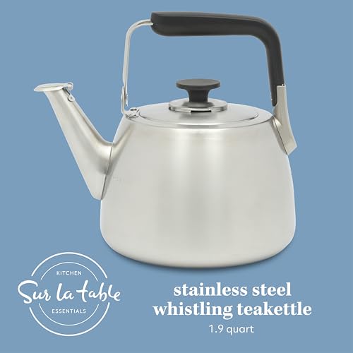 Sur La Table Kitchen Essentials 1.9-Quart Heavy Gauge Brushed Stainless Steel Whistling Tea Kettle – Durable Stovetop Kettle - color: Brushed Stainless, size: 1.9 Quarts
