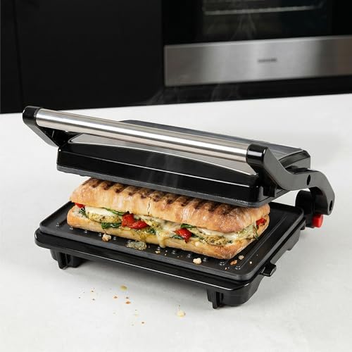 Alpha Living Electric Griddle Panini Press Sandwich Maker – Stainless Steel Panini Grill Press Sandwich Maker with Aluminum Griddle – Non-Stick Coating – 180-Degree Hinge for Thick and Thin Foods