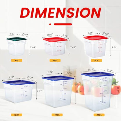 4 Pack 6QT Square Food Storage Containers with Lids | Clear NSF polycarbonate containers with scale, label and measuring cup, stackable for prep, storage, freezer. Dishwasher safe - color: 6Qt