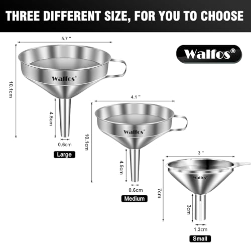 Stainless Steel Funnel, Walfos 3 Different Sizes of Kitchen funnels with 2 Removable Strainer ＆ 1Pcs Cleaning Brush, for Transferring of Liquid, Oils, Jam, Powder - color: 3pcs 5in+4in+3in