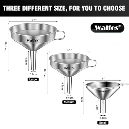 Stainless Steel Funnel, Walfos 3 Different Sizes of Kitchen funnels with 2 Removable Strainer ＆ 1Pcs Cleaning Brush, for Transferring of Liquid, Oils, Jam, Powder - color: 3pcs 5in+4in+3in