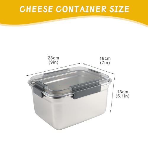 Cheese Container for Refrigerator,Cheese Stainless Steel Container with Lids,Deli Meat Saver, Non Toxic Airtight Storage Container for Stackable Sliced Grated,Shredded,Cheddar Cheeses Holder-Big - size: Large