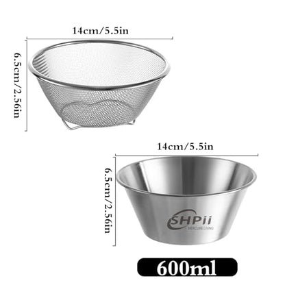 2 Piece Mini 304 Stainless Steel Colander with Mixing Bowl, Kitchen Cooking, Washing Fruits and Vegetables, Back of House Preparation (600ML) - color: Round-600ml