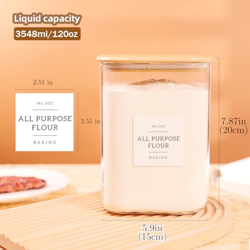 2 Pack Square Glass Flour and Sugar Containers with 132 Kitchen Pantry Labels - Thicken 120 FL OZ Large Glass Storage Jars with Airtight Bamboo Lid - Big Food Canisters for Cookies, Rice, Coffee - size: 120OZ