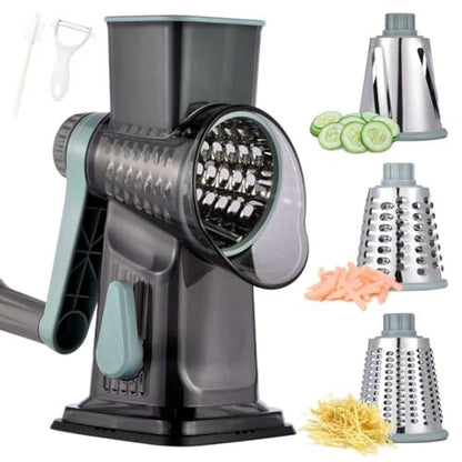 Rotary Cheese Grater with Handle Kitchen Shredder Slicer Grater Slicer Ice Shaver Cheese Vegetable Nuts Potato Zucchini Chocolate 3 Interchangeable Blades (GreyBlue) - color: Blue